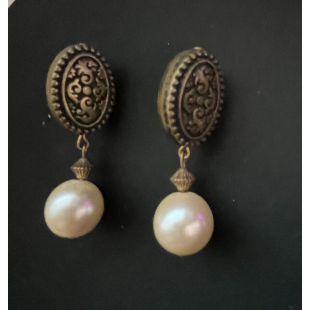 XL Faux pearl stud earrings gold metal filigree 2" long approx 12 mm faux pearls